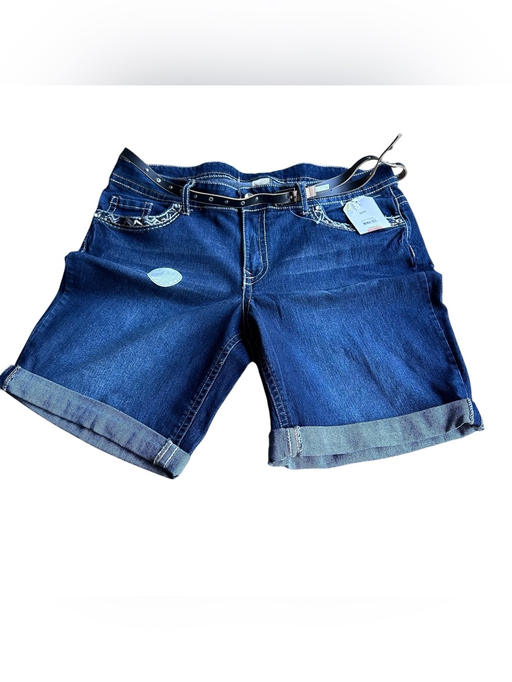 Faded Glory Belted Bling Denim Bermuda Shorts Women’s Plus 20W NWT Dark Wash‎